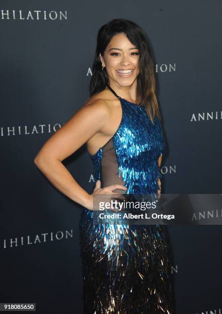 Actress Gina Rodriguez arrives for the Premiere Of Paramount Pictures' "Annihilation" held at Regency Village Theatre on February 13, 2018 in...