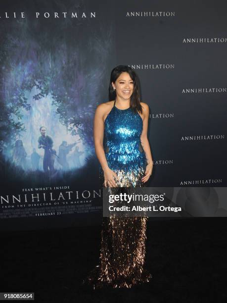 Actress Gina Rodriguez arrives for the Premiere Of Paramount Pictures' "Annihilation" held at Regency Village Theatre on February 13, 2018 in...