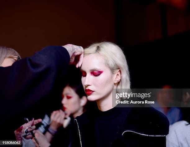 Model backstage at The Blonds Runway show at Spring Studios on February 13, 2018 in New York City.