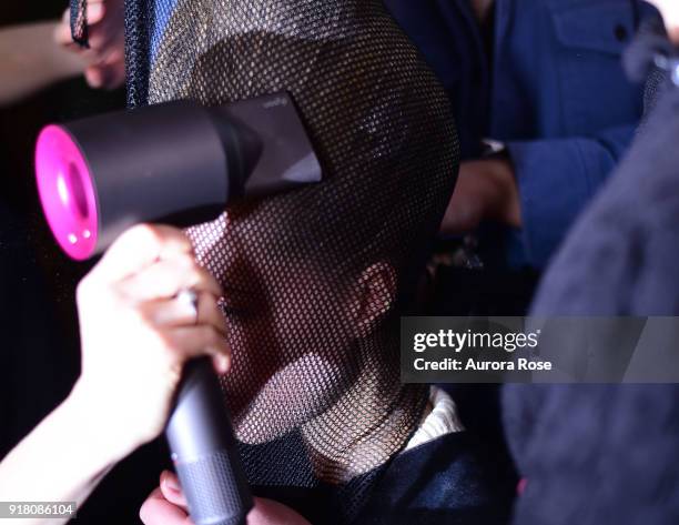 Model backstage at The Blonds Runway show at Spring Studios on February 13, 2018 in New York City.