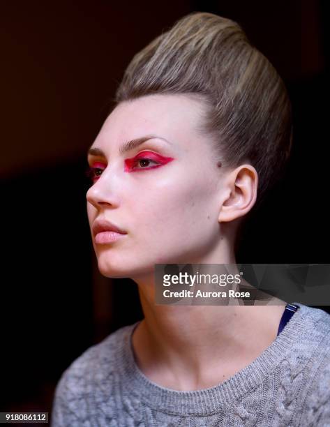 Model backstage at The Blonds Runway show at Spring Studios on February 13, 2018 in New York City.