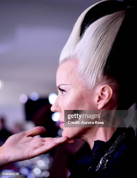 Daphne Guinness getting made up Backstage at The Blonds Runway show at Spring Studios on February 13, 2018 in New York City.