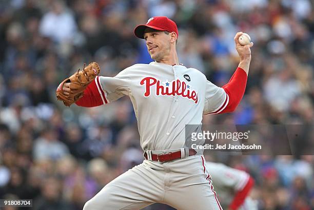 Cliff Lee of the Philadelphia Phillies pitches against the Colorado Rockies in Game Four of the NLDS during the 2009 MLB Playoffs at Coors Field on...