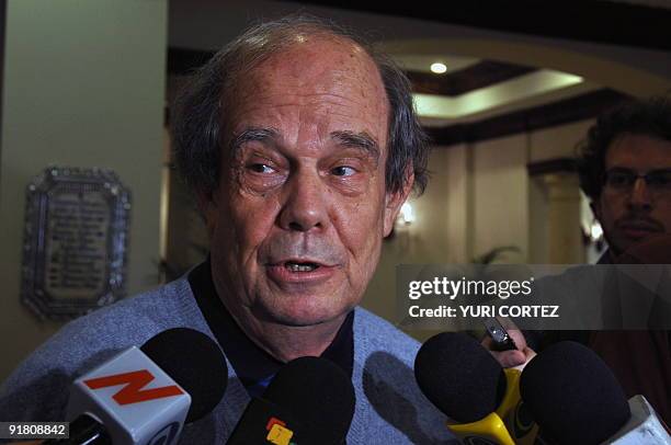 The OAS member acting as mediator in the talks, John Biehl, speaks with the press on October 12 in Tegucigalpa. Toppled Honduran President Manuel...