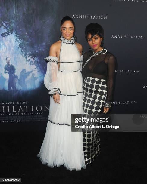 Actress Tessa Thompson and singer/actress Janelle Monae arrive for the Premiere Of Paramount Pictures' "Annihilation" held at Regency Village Theatre...