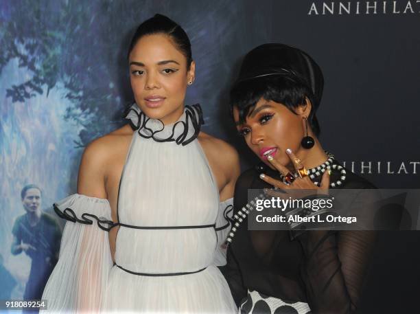 Actress Tessa Thompson and singer/actress Janelle Monae arrive for the Premiere Of Paramount Pictures' "Annihilation" held at Regency Village Theatre...