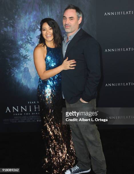 Actress Gina Rodriguez and director Alex Garland arrive for the Premiere Of Paramount Pictures' "Annihilation" held at Regency Village Theatre on...