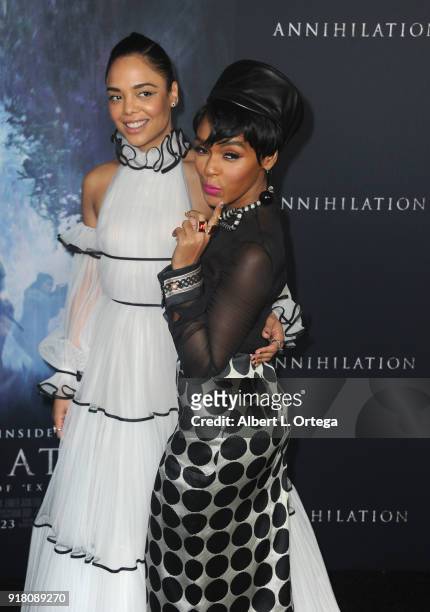 Actress Tessa Thompson and singer/actress Janelle Monae arrive for the Premiere Of Paramount Pictures' "Annihilation" held at Regency Village Theatre...