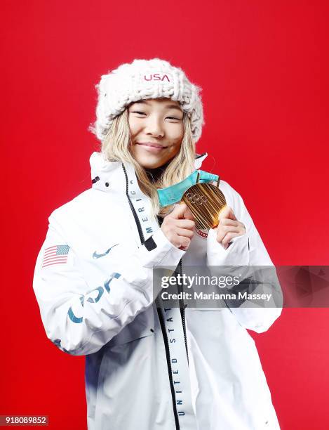 Gold medalist in Snowboard Ladies' Halfpipe Chloe Kim of the United States poses for a portrait on the Today Show Set on February 13, 2018 in...