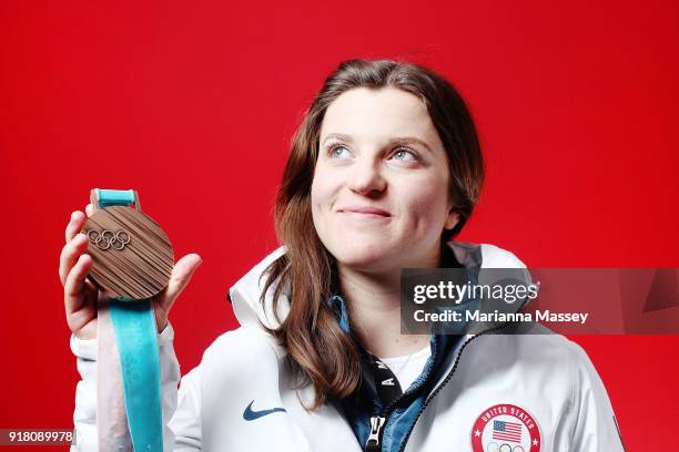 Bronze medalist in Snowboard Ladies' Halfpipe Arielle Gold of the United States poses for a portrait on the Today Show Set on February 13, 2018 in...