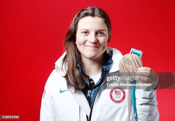 Bronze medalist in Snowboard Ladies' Halfpipe Arielle Gold of the United States poses for a portrait on the Today Show Set on February 13, 2018 in...