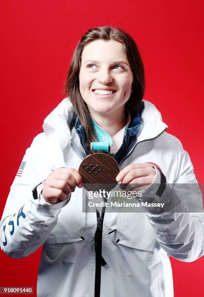 Bronze medalist in Snowboard Ladies' Halfpipe Arielle Gold of the United States poses for a portrait on the Today Show Set on February 13, 2018 in...