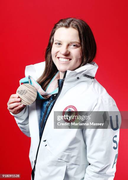 Bronze medalist in Snowboard Ladies' Halfpipe Arielle Gold of the United States poses for a portrait on the Today Show Set on February 13, 2018 in...