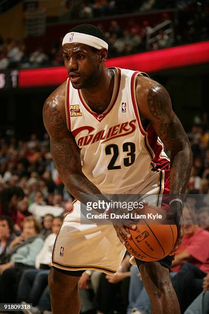LeBron James of the Cleveland Cavaliers considers his options against the Olympiacos Piraeus during an NBA preseason game on October 12, 2009 at The...