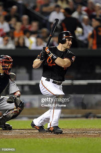 Luke Scott of the Baltimore Orioles bats against the Boston Red Sox on September 18, 2009 at Camden Yards in Baltimore, Maryland.