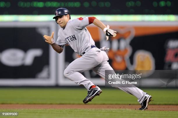 Jacoby Ellsbury of the Boston Red Sox steals second base against the Baltimore Orioles on September 18, 2009 at Camden Yards in Baltimore, Maryland.