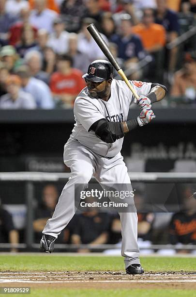 David Ortiz of the Boston Red Sox bats against the Baltimore Orioles on September 18, 2009 at Camden Yards in Baltimore, Maryland.