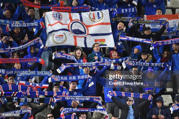 Shanghai Shenhua supporters cheer prior to the AFC Champions League Group H match between Kashima Antlers and Shanghai Shenhua at Kashima Soccer...