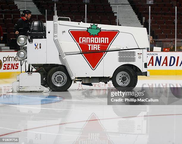 An ice resurfacing machine made by Zamboni prepares the ice at Scotiabank Place before a game between the Ottawa Senators and the New York Islanders...