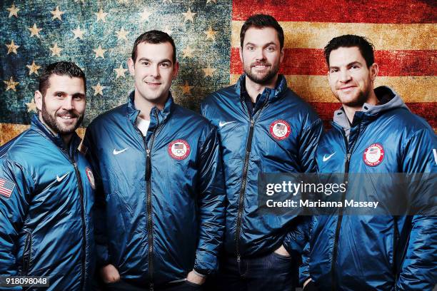 United States Men's Ice Hockey team members Brian Gionta, Bobby Butler, Noah Welch and Jim Slater pose for a portrait on the Today Show Set on...