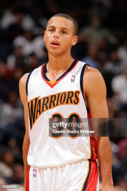 Stephen Curry of the Golden State Warriors looks on during a preseason game against the Los Angeles Clippers at Oracle Arena on October 4, 2009 in...