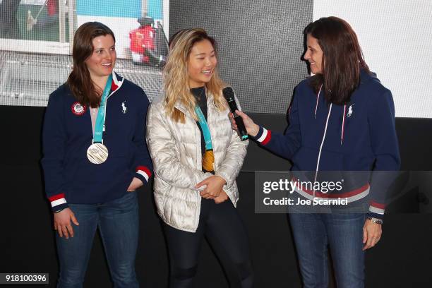 Olympians Arielle Gold and Chloe Kim and USOC CMO Lisa Baird attend the USA House at the PyeongChang 2018 Winter Olympic Games on February 14, 2018...