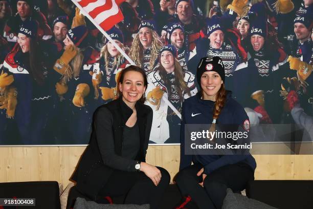 Olympians Sarah Hughes and Erin Hamlin pose for a photo at the USA House at the PyeongChang 2018 Winter Olympic Games on February 14, 2018 in...