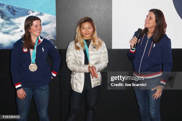 Olympians Arielle Gold and Chloe Kim and USOC CMO Lisa Baird attend the USA House at the PyeongChang 2018 Winter Olympic Games on February 14, 2018...