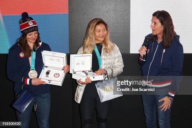 Olympians Arielle Gold and Chloe Kim and USOC CMO Lisa Baird attend the USA House at the PyeongChang 2018 Winter Olympic Games on February 14, 2018...