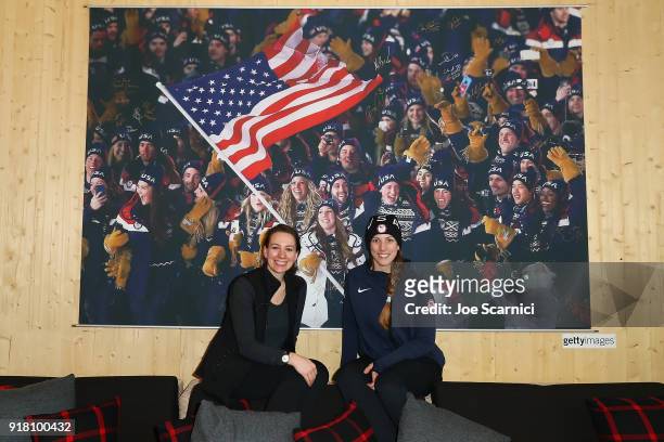 Olympians Sarah Hughes and Erin Hamlin pose for a photo at the USA House at the PyeongChang 2018 Winter Olympic Games on February 14, 2018 in...