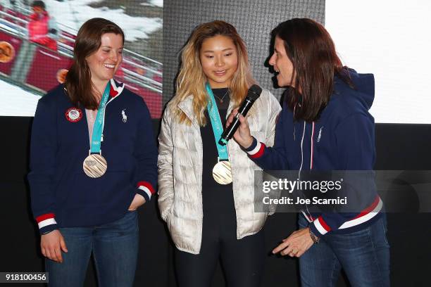 Olympians Arielle Gold and Chloe Kim and USOC CMO Lisa Baird attend the USA House at the PyeongChang 2018 Winter Olympic Games on February 14, 2018...