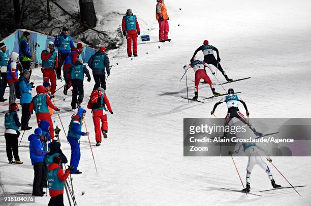 Jarl Magnus Riiber of Norway, Akito Watabe of Japan, Lukas Klapfer of Austria, Eric Frenzel of Germany in action during the Nordic Combined Normal...