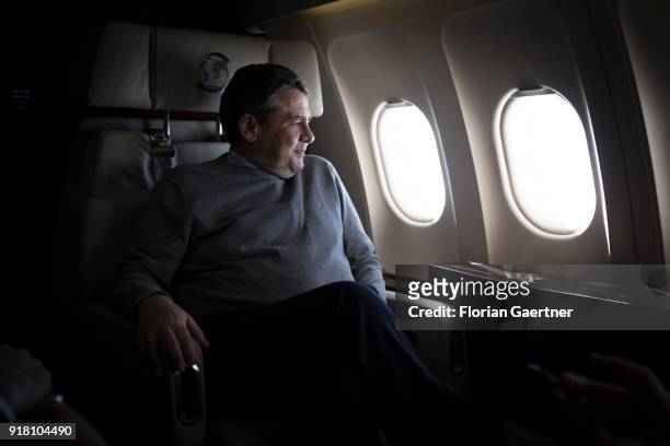German Foreign Minister Sigmar Gabriel is pictured during a background talk with journalists during the flight to Serbia on February 14, 2018 in...