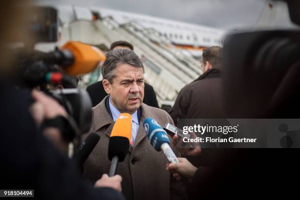 German Foreign Minister Sigmar Gabriel speaks to the media at the airport on February 14, 2018 in Belgrade, Serbia. Gabriel travels Serbia and Kosovo...