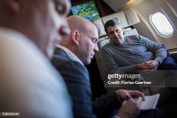 German Foreign Minister Sigmar Gabriel is pictured during a background talk with journalists during the flight to Serbia on February 14, 2018 in...