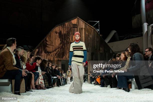 Kiki Willems walks the runway for Calvin Klein Collection during New York Fashion Week on February 13, 2018 in New York City.