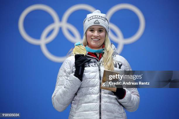 Gold medalist Natalie Geisenberger of Germany poses during the medal ceremony for Luge Women's Singles on day five of the PyeongChang 2018 Winter...