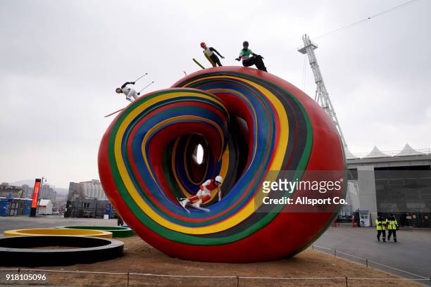 Statue of a colourful wave is seen with various sports erected near the Olympic Stadium at the Winter Olympic Park during the 2018 Pyeongchang Winter...