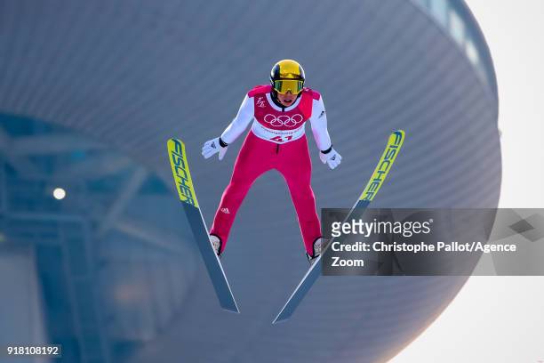 Eric Frenzel of Germany wins the gold medal during the Nordic Combined Normal Hill/10km at Alpensia Cross-Country Centre on February 14, 2018 in...