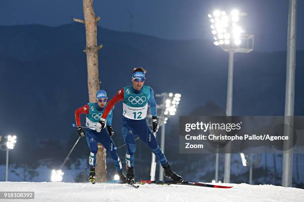 Francois Braud of France, Maxime Laheurte of France in action during the Nordic Combined Normal Hill/10km at Alpensia Cross-Country Centre on...