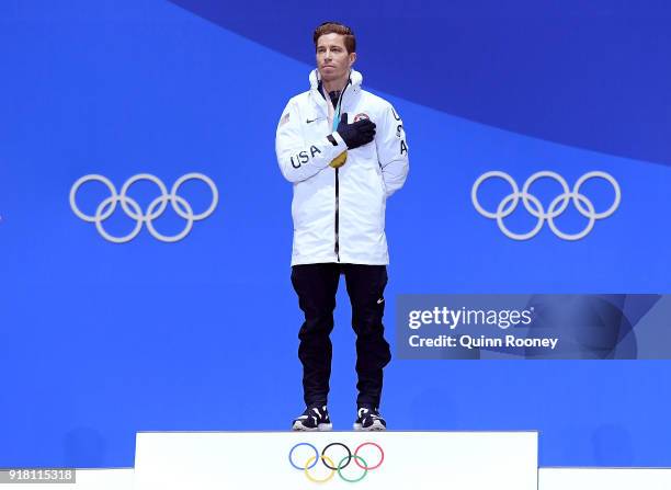 Gold medalist Shaun White of the United States poses during the medal ceremony for the Snowboard Men's Halfpipe Final on day five of the PyeongChang...