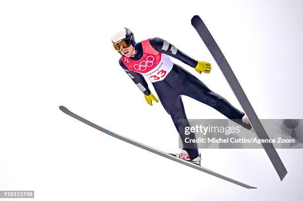 Francois Braud of France in action during the Nordic Combined Normal Hill/10km at Alpensia Cross-Country Centre on February 14, 2018 in...