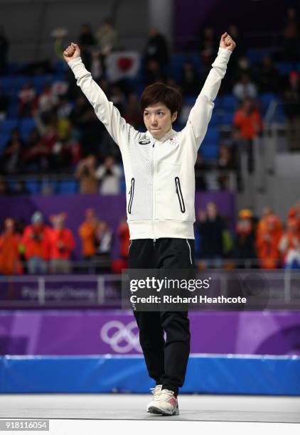 Nao Kodaira of Japan celebrates winning the silver medal during the victory ceremony for the Ladies' 1000m Speed Skating on day five of the...