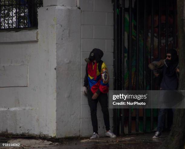 Riot within the National Pedagogical University in Bogota, Colombia, on 13 February 2018. The demonstrations are due to dissatisfaction of the...