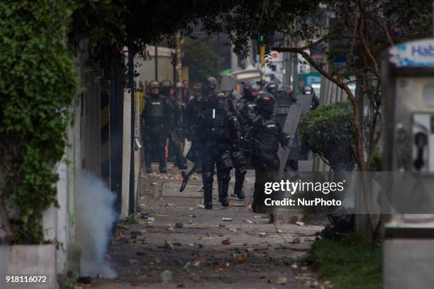 Riot within the National Pedagogical University in Bogota, Colombia, on 13 February 2018. The demonstrations are due to dissatisfaction of the...