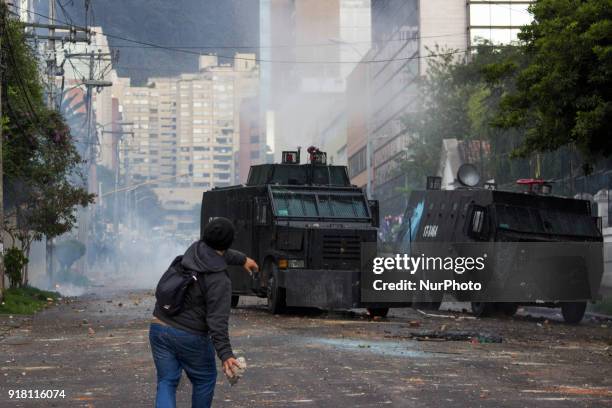 Riot within the National Pedagogical University in Bogota, Colombia, on 13 February 2018. The demonstrations are due to dissatisfaction of the...