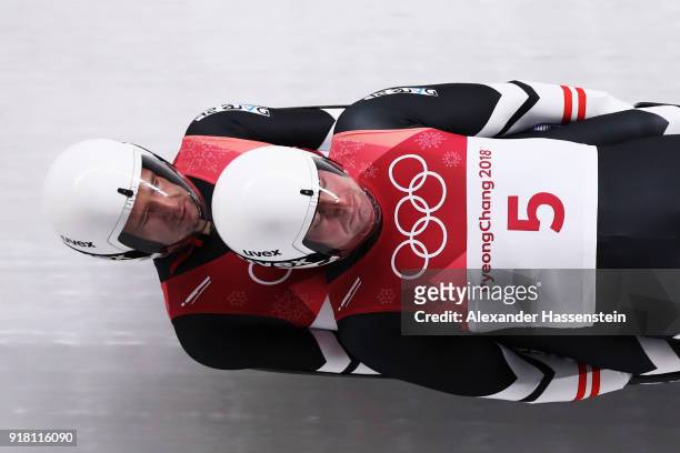 Peter Penz and Georg Fischler of Austria make a run during the Luge Doubles on day five of the PyeongChang 2018 Winter Olympics at the Olympic...