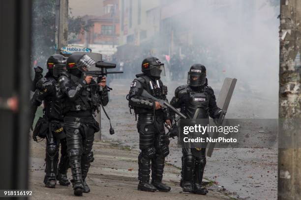 Riot within the National Pedagogical University in Bogota, Colombia, on 13 February 2018. The demonstrations are due to dissatisfaction of the...