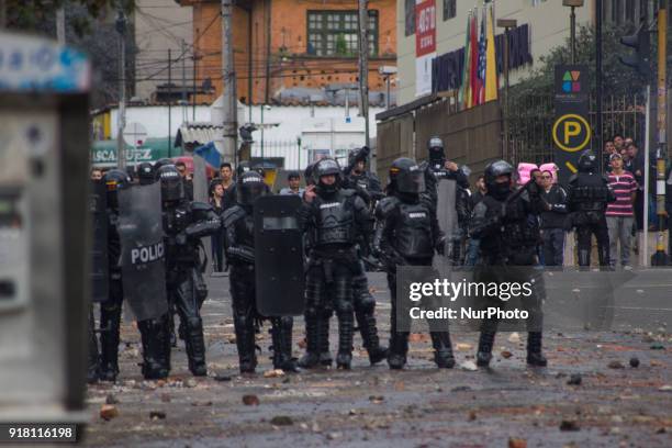 Riot within the National Pedagogical University in Bogota, Colombia, on 13 February 2018. The demonstrations are due to dissatisfaction of the...