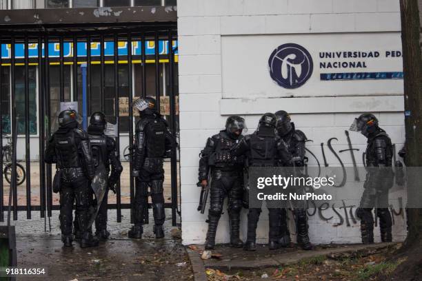 Riot within the National Pedagogical University in Bogota, Colombia, on 13 February 2018. The demonstrations are due to dissatisfaction of the...